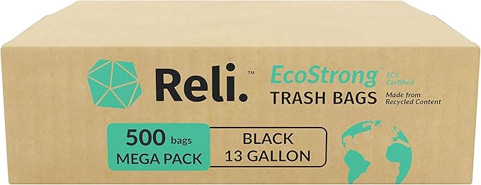 Reli. EcoStrong 13 Gallon Trash Bags | 500 Count Bulk | Black | Eco-Friendly | Made from Recycled Material