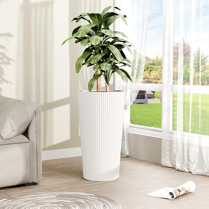 FONTOI 23.6" Tall Planter for Outdoor Plants Set of 2 Large Outdoor Plastic Striped Flower Pots, Front Porch Furniture, Garden Pots, Decorative Planters for Indoor/Outdoor, Patio, Balcony, White