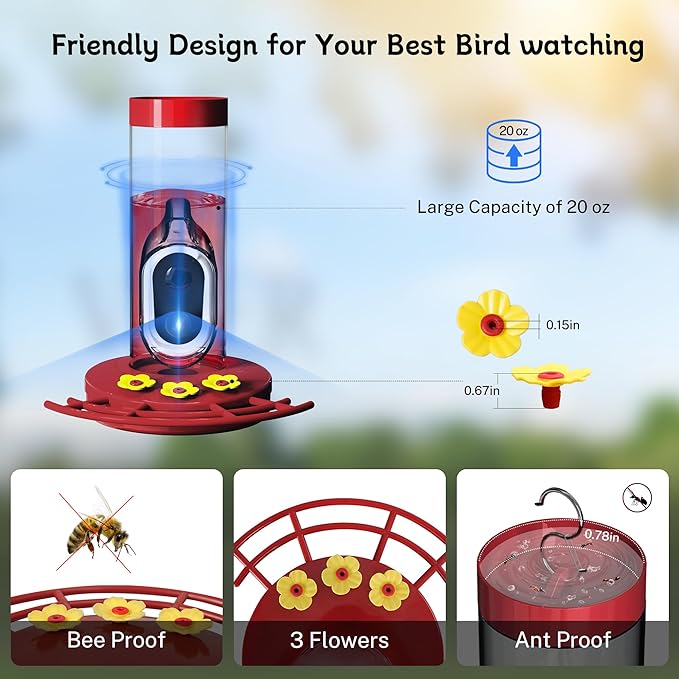 TT Nature Hummingbird Feeder with Camera Solar Powered, AI Identify Cloud Storage Instant Notification, CCPA Data Protection, Outdoor Hanging, Idea Gift for Family Friends (20 Ounces)