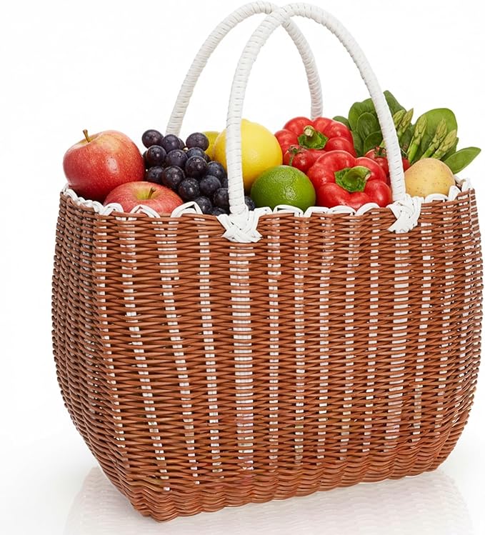 Poly Wicker Shopping Basket, Large Plastic Market Tote with Handles, Open Top Harvest Picnic Grocery Gift Basket, Woven Garden Bag for Gathering Vegetables Fruits, Foraging, Wedding, Party