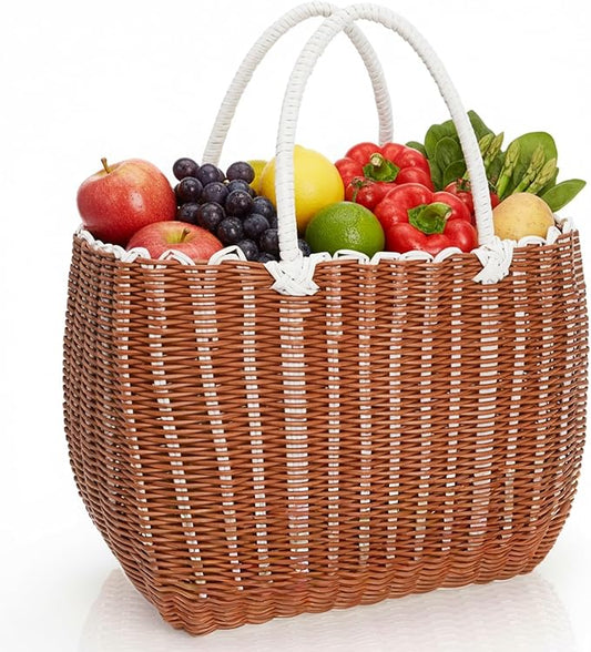 Poly Wicker Shopping Basket, Large Plastic Market Tote with Handles, Open Top Harvest Picnic Grocery Gift Basket, Woven Garden Bag for Gathering Vegetables Fruits, Foraging, Wedding, Party