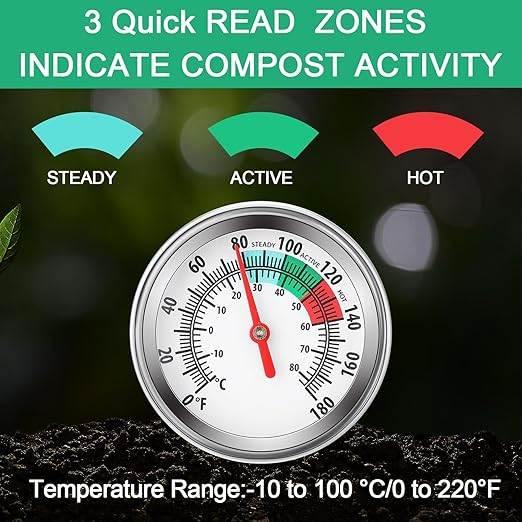 Xuhal 3 Pcs Stainless Steel Soil Thermometer Long Stem Compost Temperature for Garden Fahrenheit and Degrees Centigrade Display with Digital Composting Guide(16 Inches)