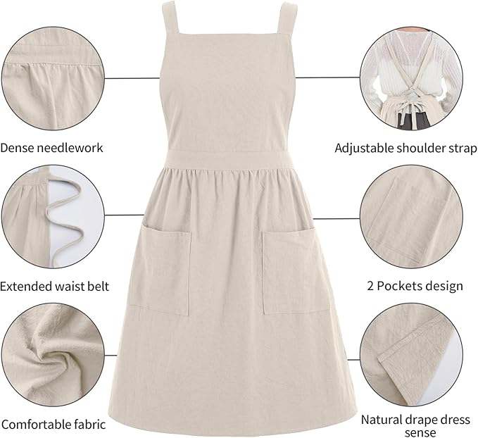 Cotton Linen Pinafore Apron Dress for Women with Pockets Cute Art Chef Aprons for Kitchen Baking Gardening Painting