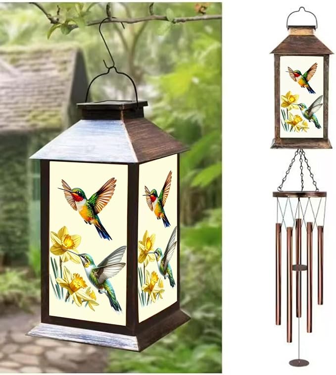Hummingbird Solar Lighten Wind Chime with Lantern Design - Outdoor Decorative Wind Bells for Garden, Porch, Balcony - Relaxing Nature Sounds- Gifts for mom，Friend，Sister，Grandma