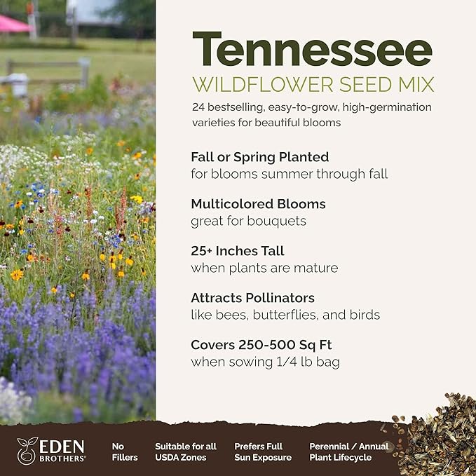 Eden Brothers Tennessee Wildflower Mixed Seeds for Planting, 1/4 lb, 120,000+ Seeds with Cosmos, Black Eyed Susan | Attracts Pollinators, Plant in Spring or Fall, Zones