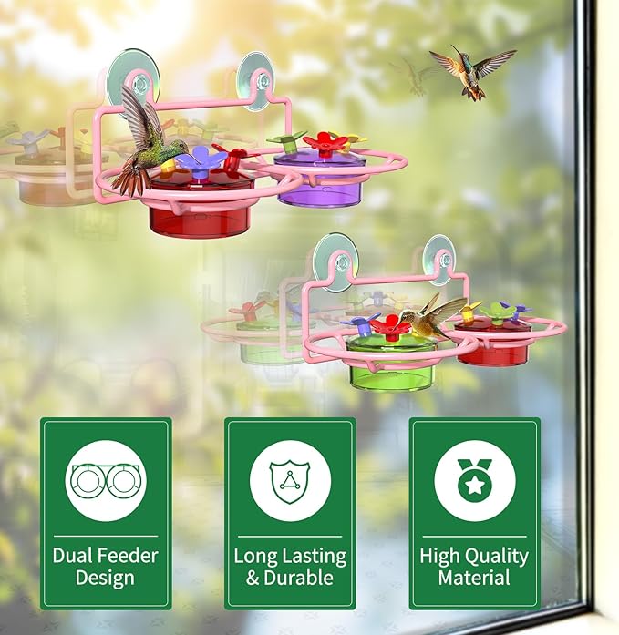 2 Pack Window Hummingbird Feeder, Small Hummingbird Feeder for Outdoors with Strong Suction Cup - Metal Base & 6 Feeding Ports, Easy to Clean and Refill, Pink