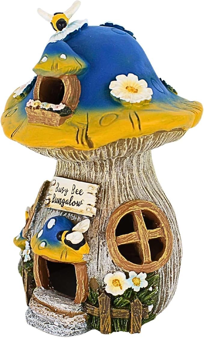 Roman Busy Bee Bungalow Mushroom House Statue, 8.75-inch Height, Resin, Home, Garden, Outdoor