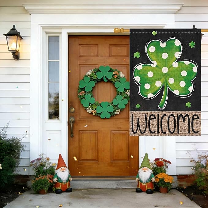 Louise Maelys St Patrick's Day Garden Flag Shamrock Welcome Double Sided 28x40 Inch Large Burlap Happy Saint Patricks Day Spring Holiday Yard Outdoor Outside Home House Decor