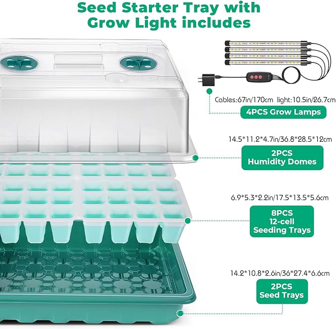 Seed Starter Tray with Grow Light, 2-set Flexible Silicone Seedling Starter Kit, 96-Cell Seed Growing Tray, Seed Starting Trays Plant Starter Kit, Reusable Indoor Gardening Plant Germination Trays