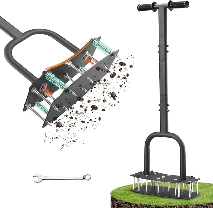 Lawn Aerator Tool for Clay Soil - Kick to Unclog & Bolt-On Base Never Breaks - 11 Heavy-Duty 3.5” Spikes for Deeper Penetration - Pre-Assembled 12.2x6” Plate