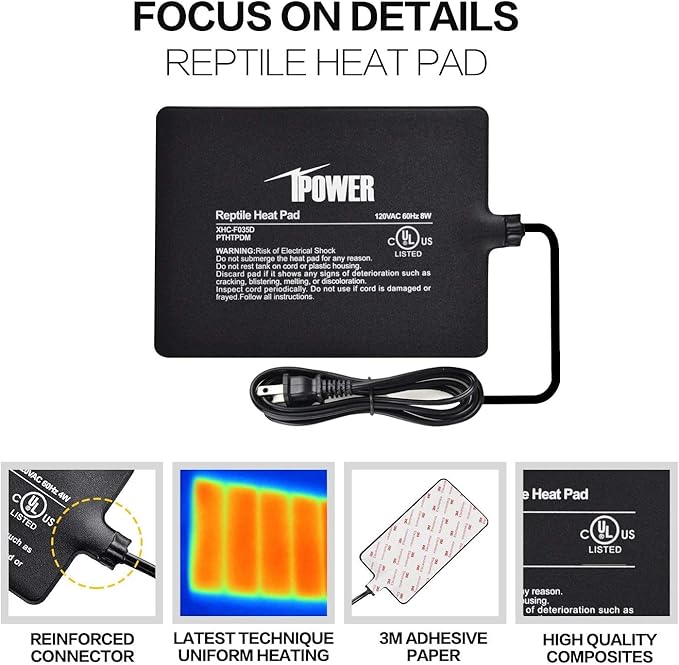 iPower Reptile Heat Pad Under Tank Terrarium Warmer Heating Mat for Turtle, Lizard, Frog, Snake, Reptile, and Other Small Animals, 6X8 Inch, 8W Black
