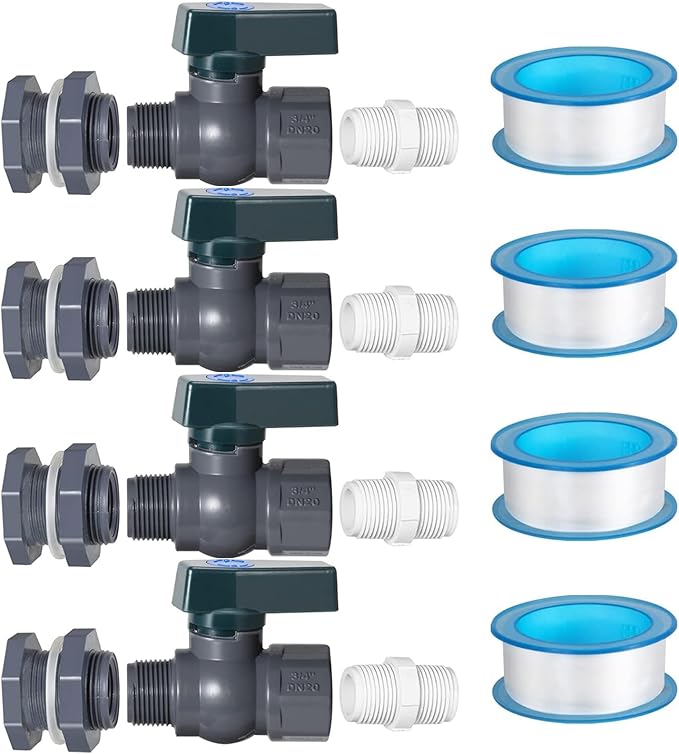 4 Pack Rain Barrel Spigot Kit with PVC Bulkhead Fitting Water Barrel Spigot Garden Hose Bulkhead Fitting with Hose Faucet Adapter and Thread Seal Tape for Garden,Aquariums,Water Tanks,Tubs,Pool