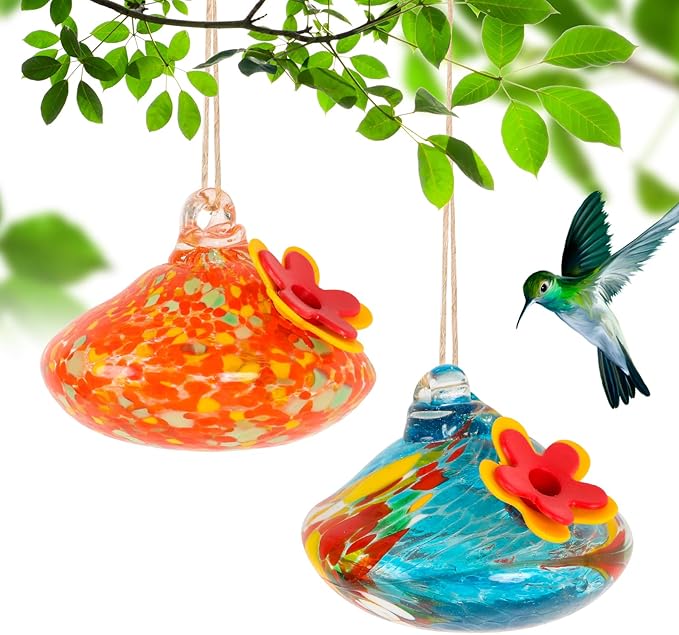 2 Pcs Blown Glass Hummingbird Feeder for Outdoors Hanging, Ant & Bee Resistant Window Bird FeederHandmade Garden Decor Gift for Women - Small Round Glass Feeders Bundle (Droplet B2)