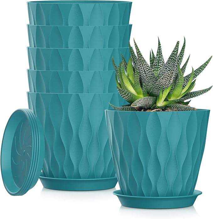5 Inch Planter Pots, 6 Pack Indoor Planters, Small Flower Pots with Drainage Holes and Tray for Succulents, Orchids, Herbs and Other Indoor Plants (Blue-Green, 5inch)