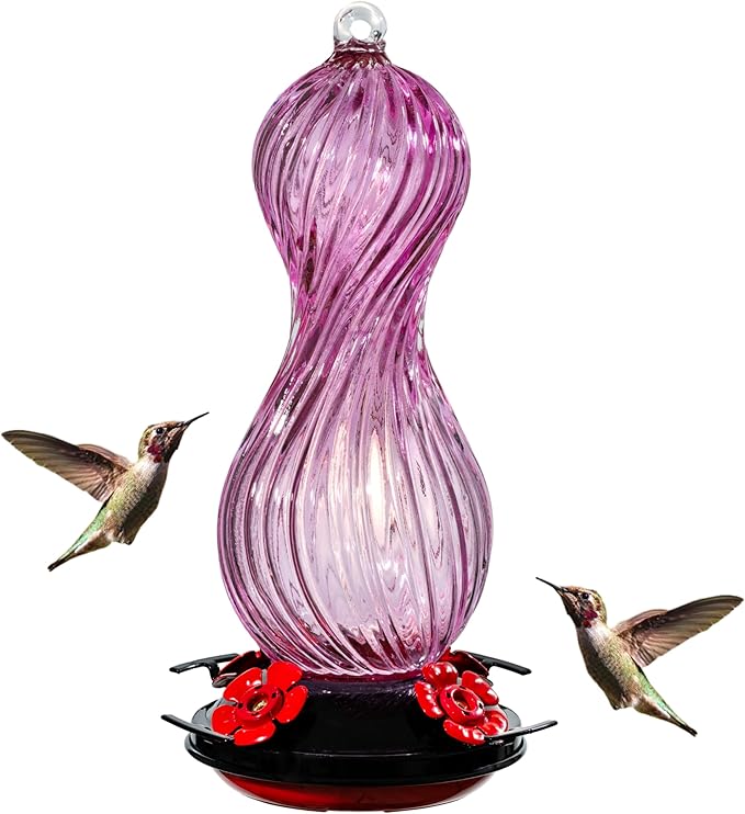 Hummingbird Feeder for Outdoors Hanging, Hand Blown Glass 24 OZ Capacity Hummingbird Bird Nectar Feeders with 4 Feeding Ports, Gifts for Women Mom Outside Garden Backyard Decor