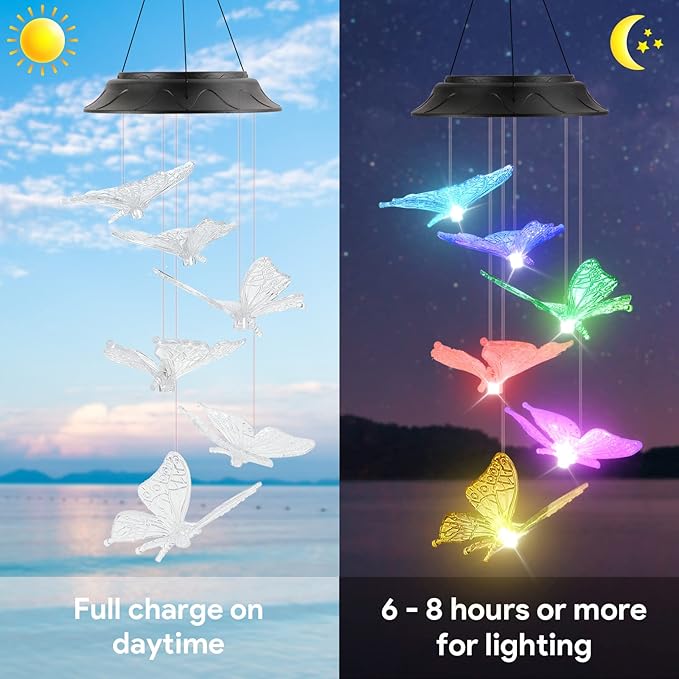 Birthday Gifts for Women Mom Grandma, Gardening Gifts for Women, Butterfly Solar Wind Chimes for Outside, Wind Chimes Outdoor Waterproof, Solar Lights Outdoor Decorative for Garden Patio Yard