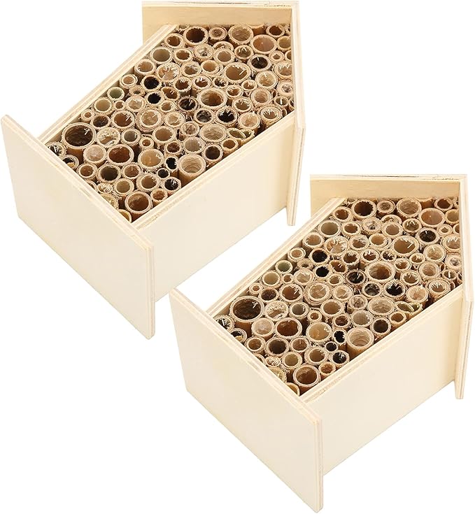 Native Hive Wooden Bee House, Natural Handmade Wooden Bee Box Habitat with Bamboo Tubes,Insect House Shelter for Attracting Peaceful Bee Pollinators (2PCS)
