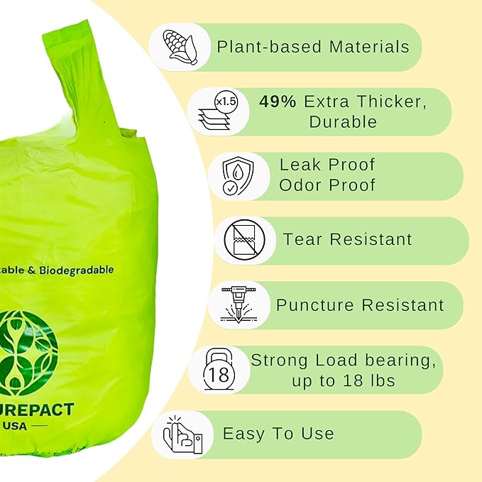 Extra Thick 1 MIL Compostable Trash Bags with Handles, 2.6 Gallon - Heavy Duty, Ultra Durable, Leak Proof, Kitchen Compost Bin Compatible, 50 Count, Handle-Tie