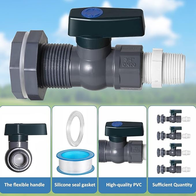 4 Pack Rain Barrel Spigot Kit with PVC Bulkhead Fitting Water Barrel Spigot Garden Hose Bulkhead Fitting with Hose Faucet Adapter and Thread Seal Tape for Garden,Aquariums,Water Tanks,Tubs,Pool