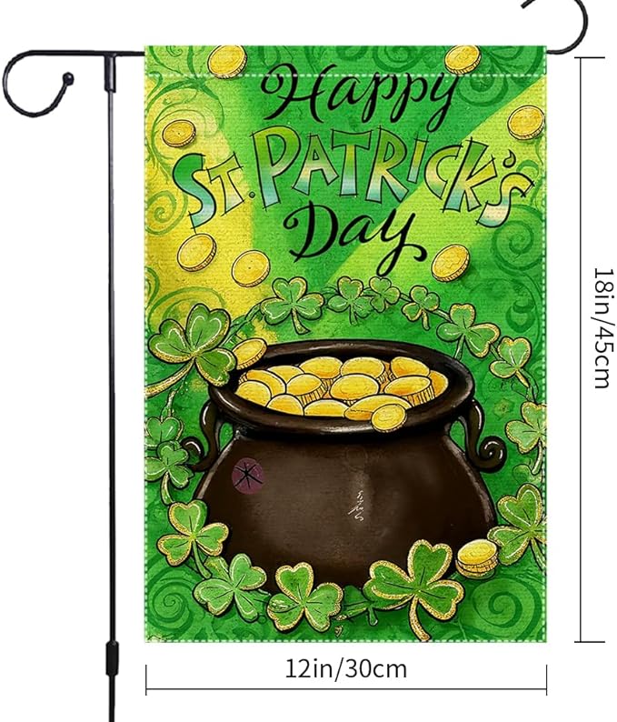 St Patrick's Day Garden Flag 12x18 Inch Double Sided Burlap Happy St Patrick's Day Pot of Gold Shamrocks Coins Outdoor Decorations Patio Irish Festival Decor