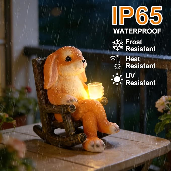 Garden Statues Dog Statue with Solar LED Light, Ideal Gifts for Friends or Family's Birthday, Outdoor Decorations for Yard (Rocking Chair Bunny)