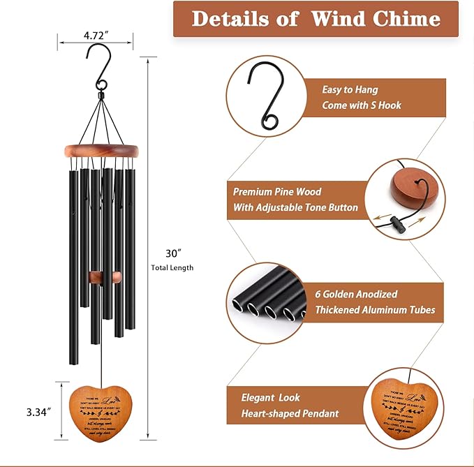 Sympathy Gifts for Loss of Loved One, Memorial Wind Chimes for Mom Dad Husband Brother, Funeral Bereavement Sympathy Gifts Basket, in Memory of Loved One Gifts - Black