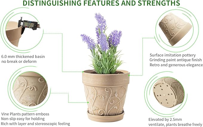 Melphoe Plant Pots Indoor with Drainage & Saucer, 2Pack 8 inch Flower Pots Outdoor Planters for Indoor Plants Garden Home Decor Cactus Succulent, Rigid Plastic (Imitation-Terracotta) Vine-Embossed