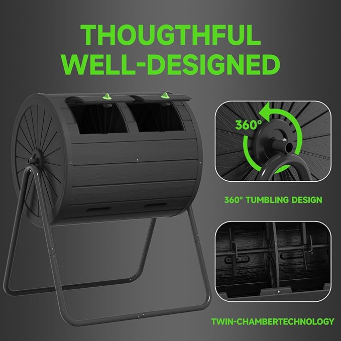 Dual Chamber Tumbling Composter 45 Gallon Large Outdoor Tumbling Composter Efficient Batch Composting Easy Turn Design (Black 45Gal)