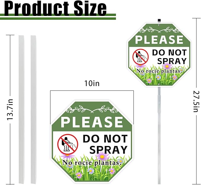 2 Pack 10" x 28" Do Not Spray Signs with Stake, Aluminum Garden Metal Signs for Outdoor Lawn, Bilingual Plant Sign in English and Spanish