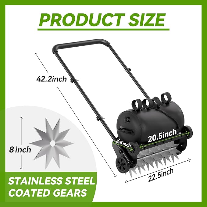 22.5-Inch Lawn Aerator with Weight Bag, Heavy Duty Push Spike Aerator with 4 Wheels, Aerator Lawn Tool with 42.2" Steel Handle, Manual Aerator Lawn Tool with Foam Armrests, for Lawn, Garden and Yard