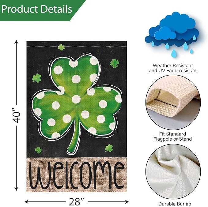 Louise Maelys St Patrick's Day Garden Flag Shamrock Welcome Double Sided 28x40 Inch Large Burlap Happy Saint Patricks Day Spring Holiday Yard Outdoor Outside Home House Decor