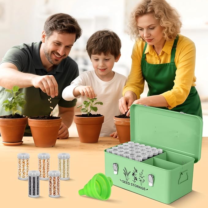 Seed Storage Box Organizer - Metal Garden Seed Storage Container Kit with 60 Vials, 30 Plant Tags, 20 Envelopes, Funnel & Labels - Moisture-Proof Seed Bank for Long Term Storage