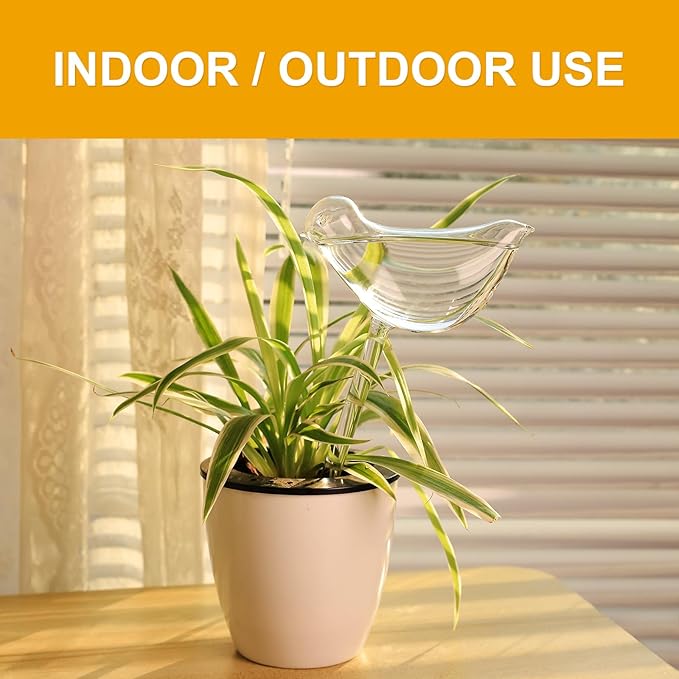 KiKiHeim Plant Watering Globes Self Watering Planter Insert Spikes Drip Devices, Clear Glass Automatic Water Bulbs for Outdoor&Indoor Plants, 2 Birds