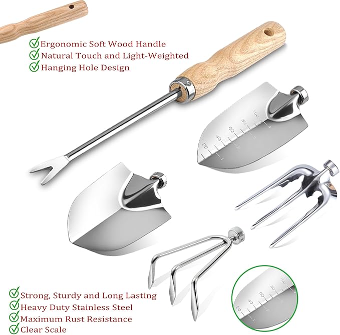Garden Tool Set, Beswill 12 Pieces Heavy Duty Gardening Hand Tools with Garden Tools Organizer Handbag, Apron, Rust-Proof Stainless Steel Gardening Kit, Wood Handle, Ideal Garden Gifts for Women Men