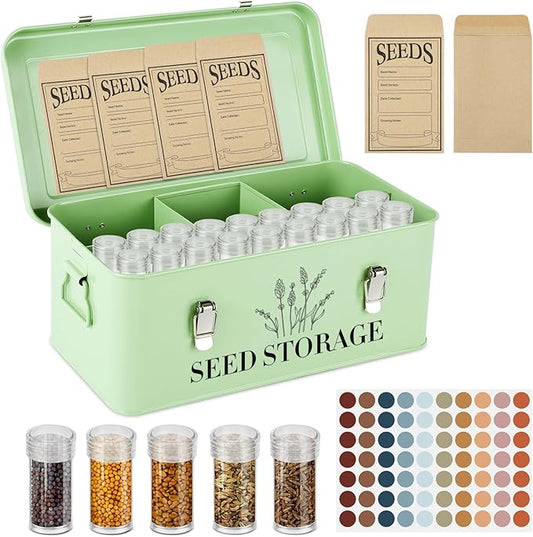 60 Slots Seed Storage Box with 4 Dividers, Metal Seed Storage Organizer Saving Box, Seeds Packet Container, Professional All-in-one Kit with 60 Seeds Envelopes and Label Stickers