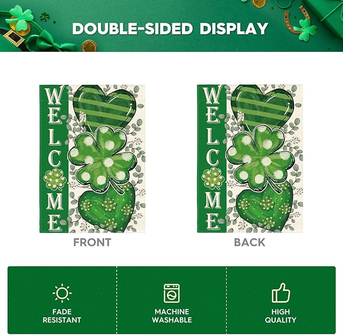 AVOIN colorlife St Patricks Day House Flag 28x40 Inch Double Sided Outside, Shamrocks Clovers Hearts Welcome Yard Outdoor Decoration