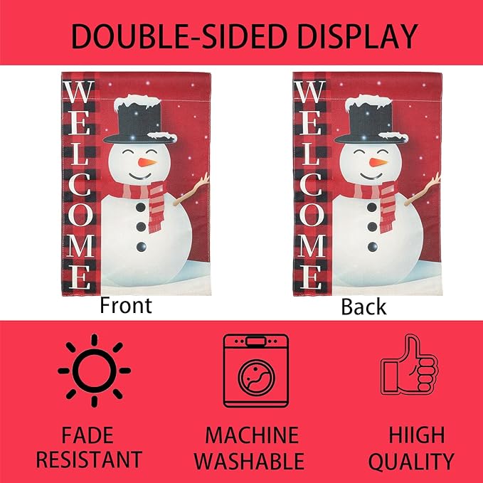 Christmas Garden Flag Decorations,12 * 18in Double Sided Snowman in Buffalo Plaid Scarf with "WELCOME" Sign Decor for Porch Yard Outdoor Holiday Festive Home Welcome