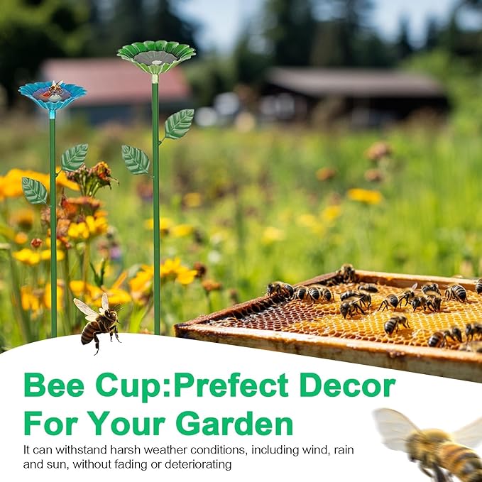 4 Pack Metal Bee Watering Station for Garden, Flower-Shaped Bee Cups, Durable Pollinator Hydration Bath & Butterfly Feeders for Outdoors Yard Decor (Red, Green, Blue, Yellow)