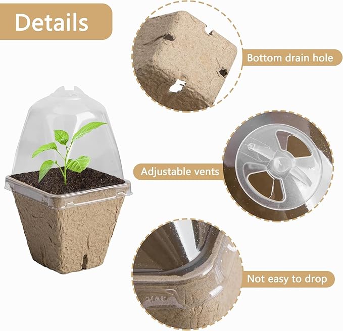 Purple Star 40 PCS Seeding Starter Pots for Planting- 2.3 Inch Square Biodegradable Nursery Pot with Humidity Dome- Peat Pots for Seedlings Garden Vegetable Flower Germination