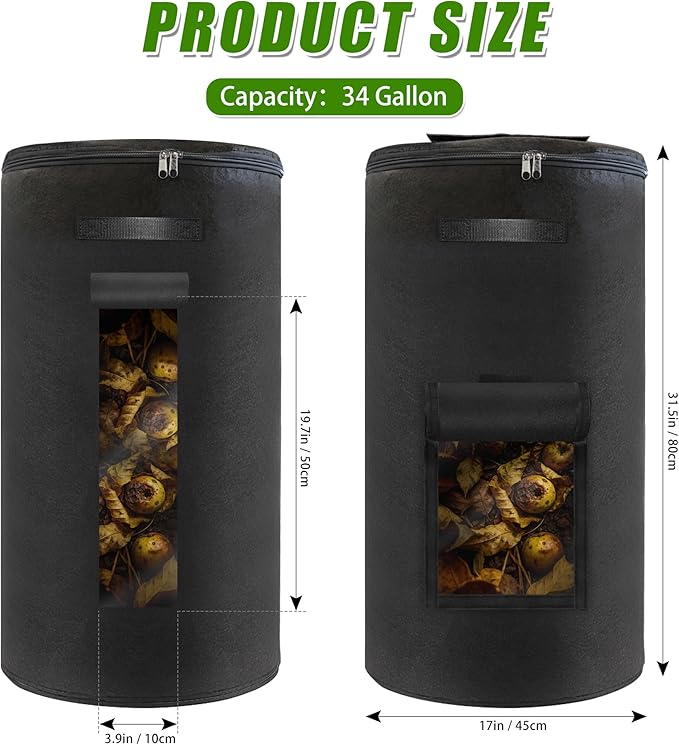 Reusable Compost Bin Outdoor, 34 Gallon Home Compost Bucket with Handles and Observation Windows, Breathable Thickened Foldable Compost Bin for Garden Yard (1 Pack, Black)
