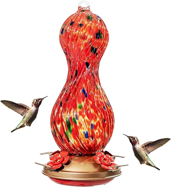 Hummingbird Feeder for Outdoors Hanging, Hand Blown Glass 24 OZ Capacity Hummingbird Bird Nectar Feeders with 4 Feeding Ports, Gifts for Women Mom Outside Garden Backyard Decor (Red-Green)
