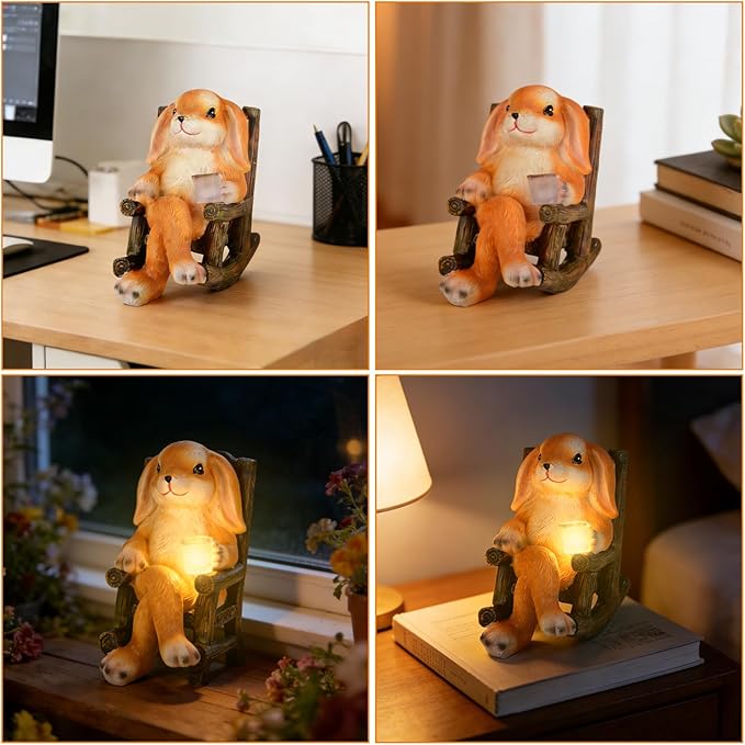 Garden Statues Dog Statue with Solar LED Light, Ideal Gifts for Friends or Family's Birthday, Outdoor Decorations for Yard (Rocking Chair Bunny)