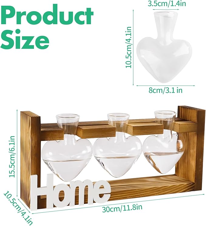IBEUQEM Heart-Shaped Plant Propagation Station, 3 Glass Plant Terrarium with Wooden Stand, Starter, Propagation Station for Hydroponics Office Garden Home Decor, for Women Lovers