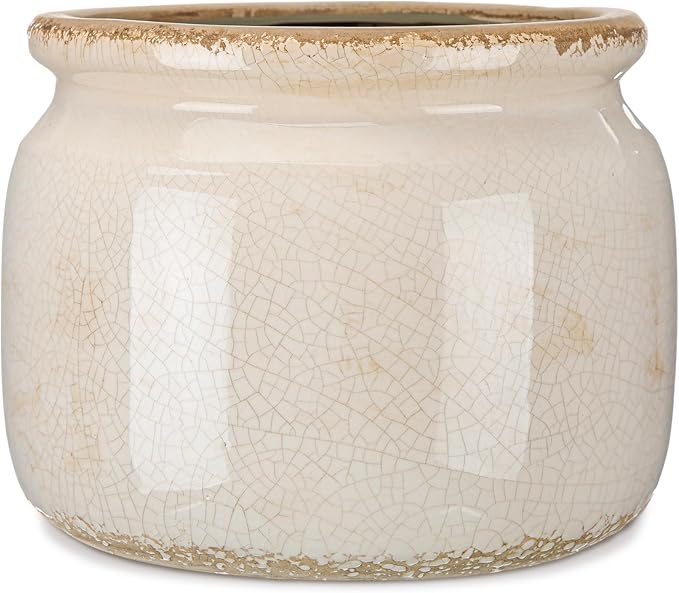 7.7″ Large Vintage Ceramic Plant Pot Pure Beige Rustic Planter with Ice Crackle Glaze & Drainage Hole for Indoor Outdoor Plants Farmhouse Home Kitchen Office Decor Gift for Women Teacher