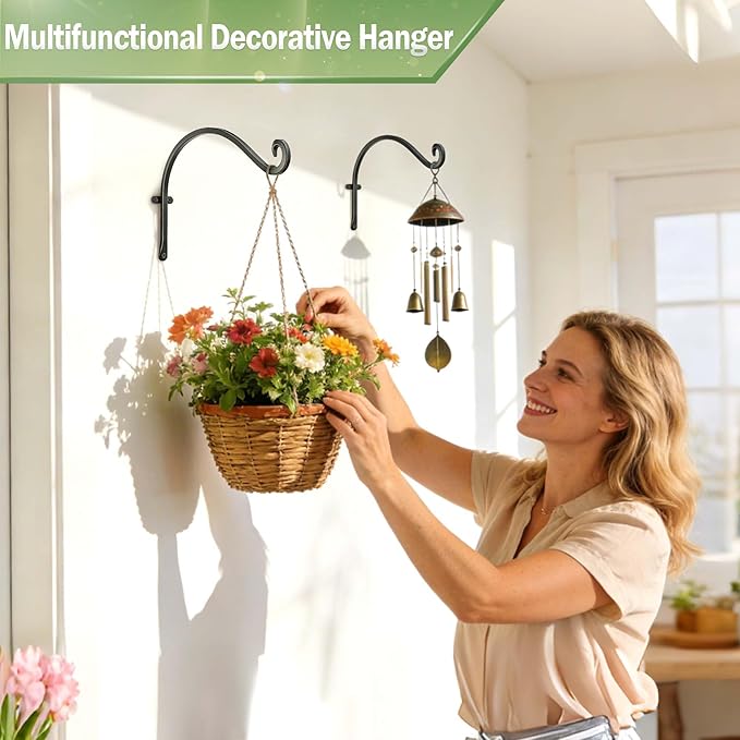 Hanging Plant Brackets Outdoor: 50lbs Weight Capacity - Hanging Bird Feeder Hangers, 12-Inch Black Metal Outdoor Wall Hooks for Heavy Plants - 4 Pack, Birdhouse, Wind Chimes