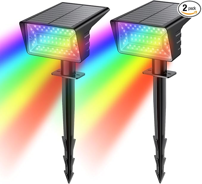 Solar Spot Lights Outdoor with 7 Lighting Modes RGB, 2 Pack Solar Color Changing Lights IP68 with 29 LED & Auto On/Off, Multicolor Outdoor Lights for Outside, Garden, Yard(Multicolor)