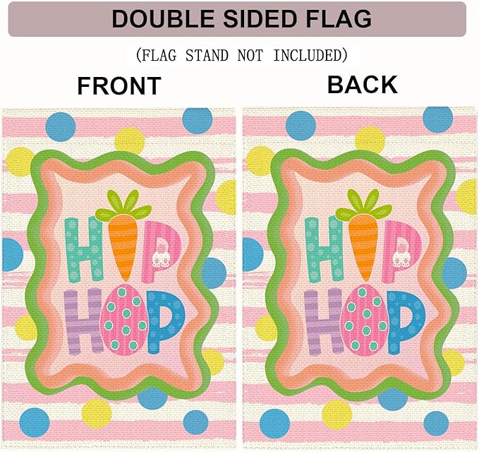 Easter Garden Flag Double Sided 12x18 inch, Hip Hop Bunny Decorative Yard Outdoor Home Small Decor, Stripes Polka Dots Farmhouse Burlap Outside House Decoration Spring Holiday Decor