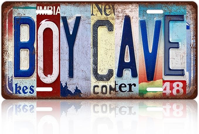 Vintage Boy Cave Metal Tin Sign License Plate Wall Decor 12 x 6 Inches