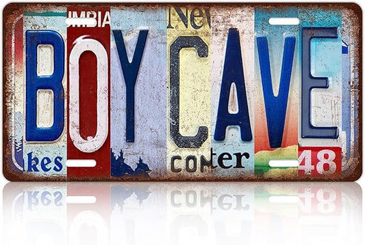 Vintage Boy Cave Metal Tin Sign License Plate Wall Decor 12 x 6 Inches