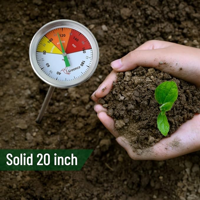 Compost Soil Thermometer by Greenco, Stainless Steel, Celsius and Fahrenheit Temperature Dial, 20 inch Stem
